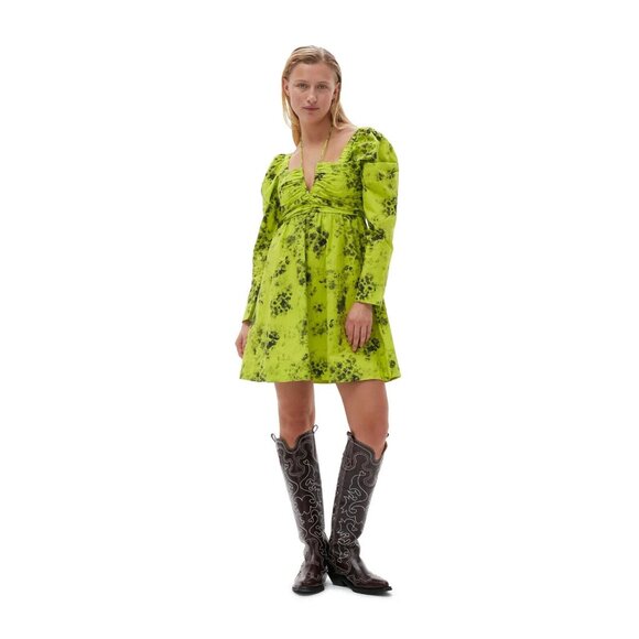 Ganni Ternder Shoots Green & Black Floral Printed Poplin Mini Dress, Size 4 | 36 - Picture 1 of 9
